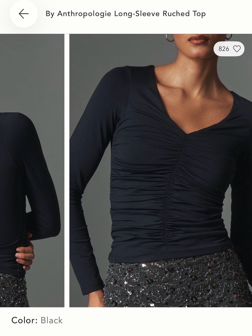 Maeve - Anthropologie Black Long-Sleeve Ruched V-Neck Top